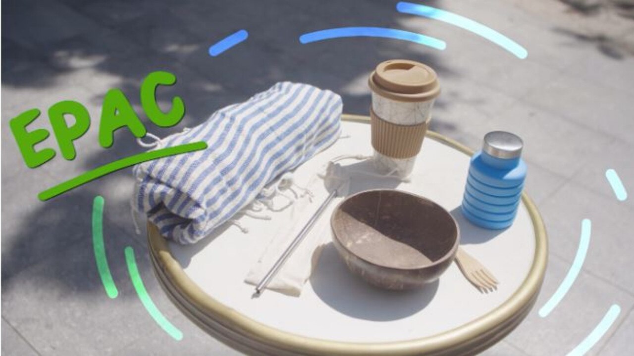 The EPAC is complete with collapsible water bottle, coconut bowl, wooden cutlery, reusable coffee cup and full-size beach towel.