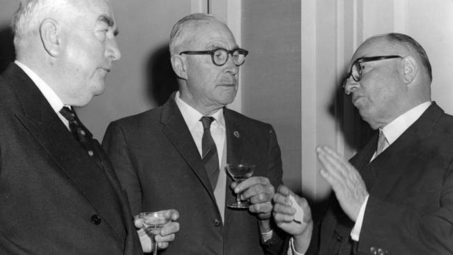 Sir Robert Menzies, Australian cricketer and SA footballer Vic Richardson and Sir John McLeay in the 1960s.