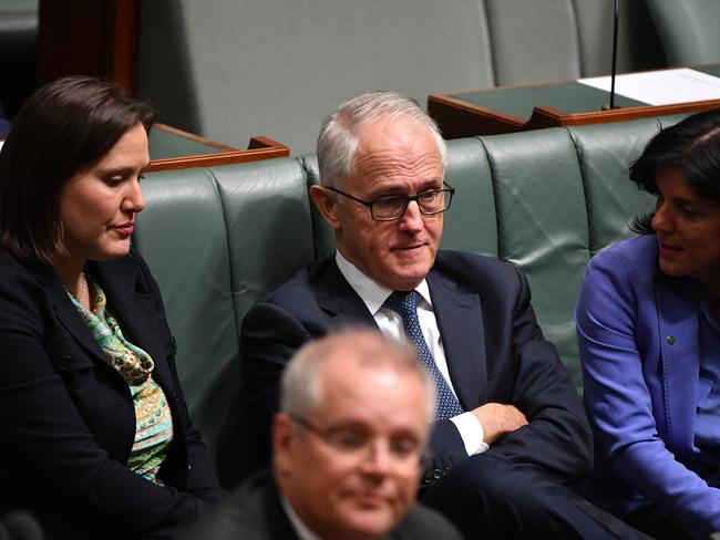 Kelly O'Dwyer with former PM Malcolm Turnbull and Julia Banks, who resigned after claiming she had been subjected to bullying.