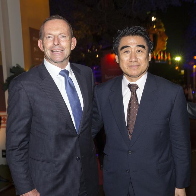 Dr Haruhisa Handa is pictured with former PM Tony Abbott at Handa Opera on Sydney Harbour. Picture: Damian Shaw