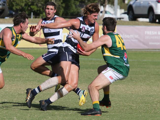 Broadbeach Player No17 Riley Bowman Maroochydore Player No45 Brent Pearson Pic Mike Batterham