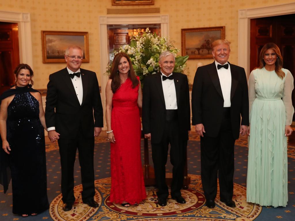 Prime Minister Scott Morrison and wife Jenny with Kerry Stokes and his wife Christine Simpson Stokes, pictured with President Donald Trump and the First Lady Melania Trump. Picture: Adam Taylor