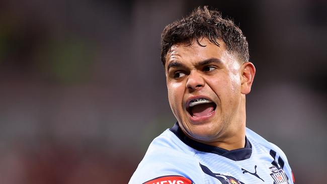 TOWNSVILLE, AUSTRALIA – JUNE 09: Latrell Mitchell of the Blues reacts during game one of the 2021 State of Origin series between the New South Wales Blues and the Queensland Maroons at Queensland Country Bank Stadium on June 09, 2021 in Townsville, Australia. (Photo by Mark Kolbe/Getty Images)