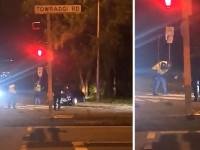 Police at the scene of a crash at the intersection of Towradgi Road and Memorial Drive, Towradgi, where a Holden Barina crashed into a traffic control light. The vehicle was found empty when police arrived Credit: Shapchat