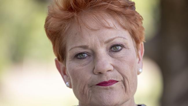 Pauline Hanson is seen speaking to a journalist after donating a marquee to the local Young Veterans organisation in Caboolture,   Brisbane, Friday, May 18, 2018. (AAP Image/Glenn Hunt) NO ARCHIVING