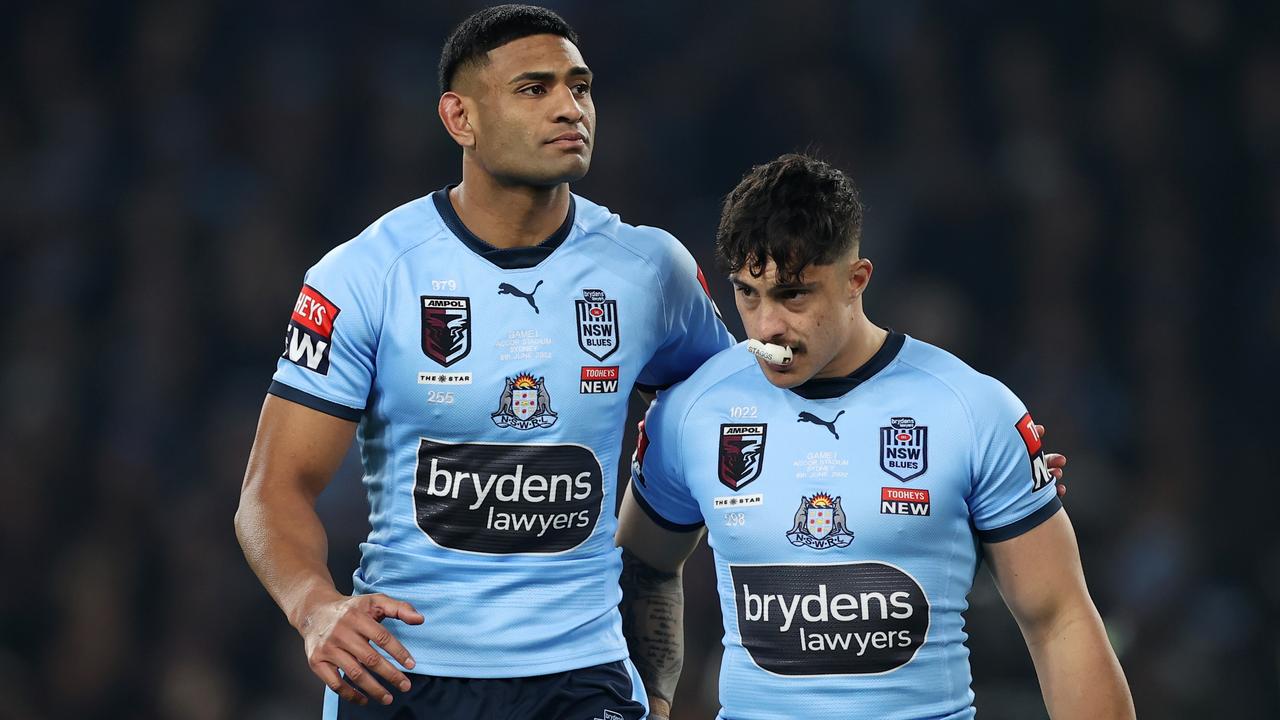 SYDNEY, AUSTRALIA - JUNE 08: Daniel Tupou (L) and Kotoni Staggs of the Blues during game one of the 2022 State of Origin series between the New South Wales Blues and the Queensland Maroons at Accor Stadium on June 08, 2022 in Sydney, Australia. (Photo by Cameron Spencer/Getty Images)