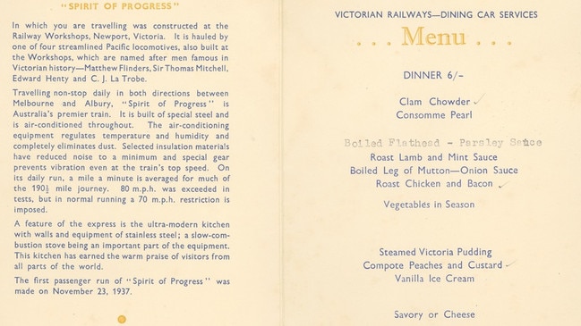 The menu from the Spirit of Progress dining car. Picture: State Library of Victoria