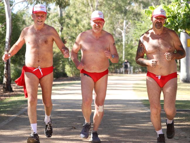 Dr. Wendell Rosevear 68, Peter White, 54, and David G, 60, Brisbane-based not-for-profit Youngcare hosts its 5km Budgie Bolt, University of Queensland, St Lucia. Picture: Liam Kidston