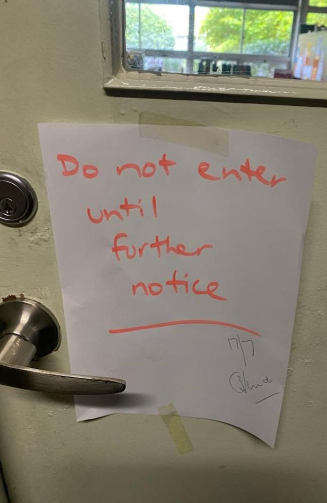 A notice after dust fell in a staffroom. Picture: news.com.au