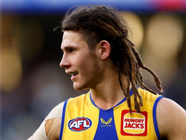 PERTH, AUSTRALIA - JULY 24: Jai Culley of the Eagles looks on during the round 19 AFL match between the West Coast Eagles and the St Kilda Saints at Optus Stadium on July 24, 2022 in Perth, Australia. (Photo by Paul Kane/Getty Images)