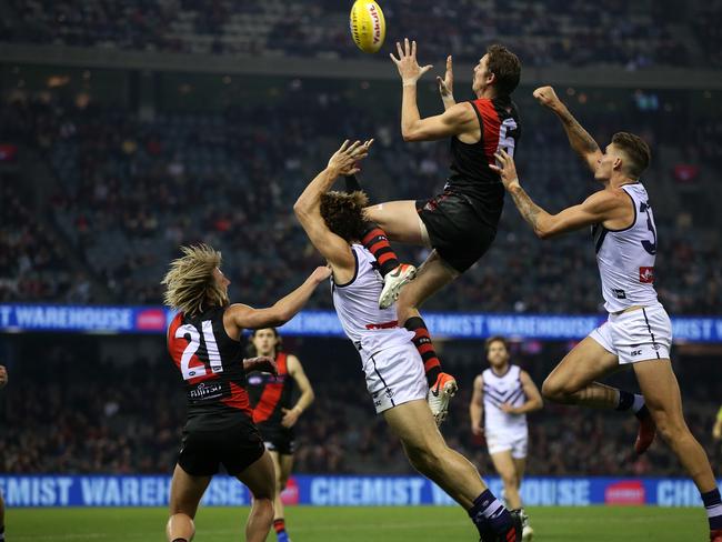 Joe Daniher of the Bombers marks during the Round 9 AFL match between the Essendon Bombers and the Fremantle Dockers at Marvel Stadium in Melbourne, Saturday, May 18, 2019. (AAP Image/Mark Dadswell) NO ARCHIVING, EDITORIAL USE ONLY