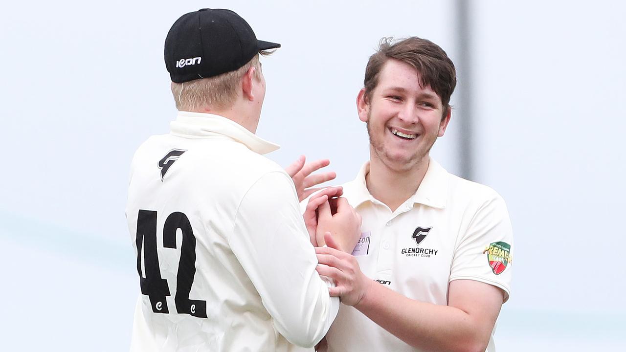 Brandon Kopper, right, celebrates a wicket for Glenorchy . Picture: Nikki Davis-Jones