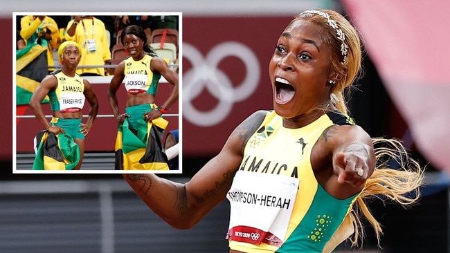 Jamaica's Elaine Thompson-Herah received at an at-times cold reception from teammates (inset) Shelly-Ann Fraser-Pryce (L) and Shericka Jackson (R).