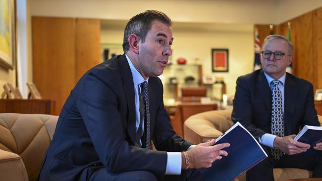 Prime Minister Anthony Albanese and Treasurer Jim Chalmers in the PM's office at Parliament House in Canberra.. Picture: NCA NewsWire / Martin Ollman