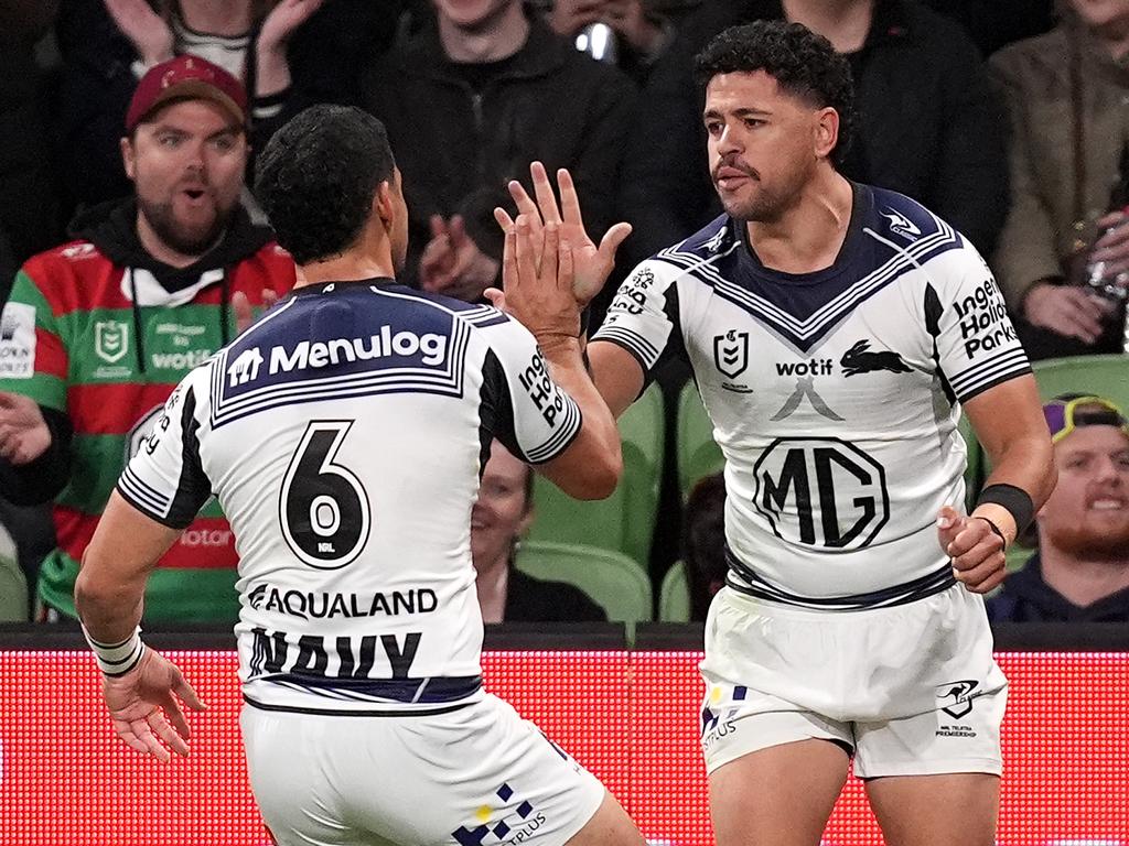 Jacob Gagai celebrates a try for the Rabbitohs. Picture: Daniel Pockett/Getty Images