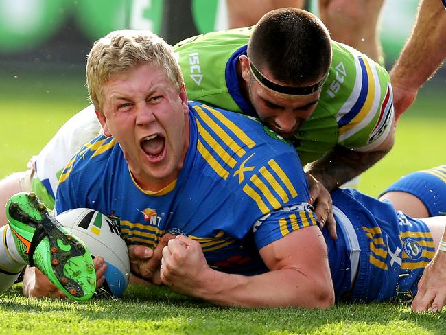 Parramatta's Daniel Alvaro celebrates scoring a try during the NRL game between the Parramatta Eels and the Canberra Raiders at Pirtek Stadium. Picture Gregg Porteous