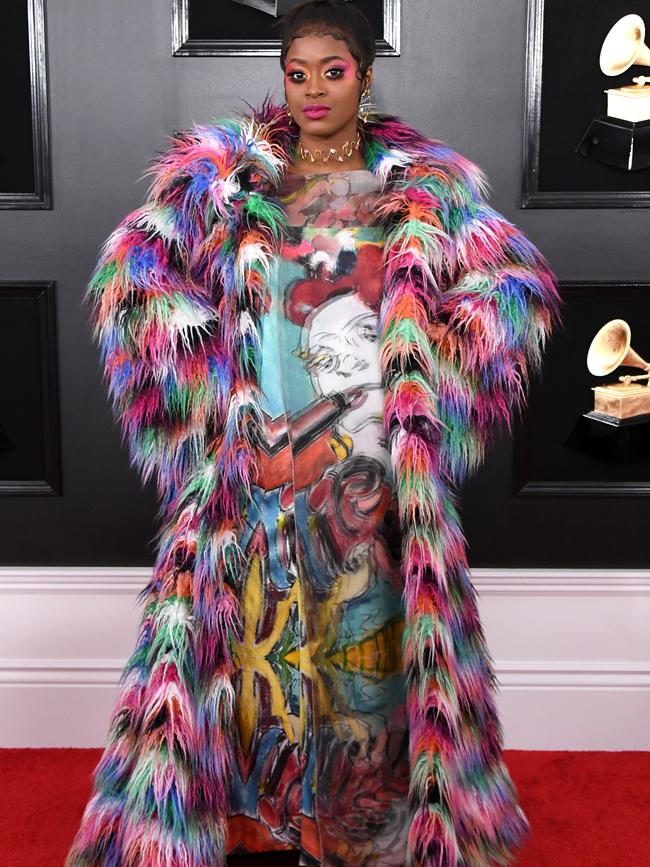 In her own technicolour dream coat … Tierra Whack attends the 61st Annual Grammy Awards. Picture: Getty