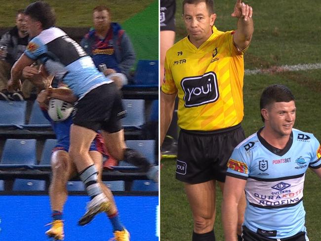 Cronulla’s Chad Townsend got his marching orders for a high hit on Kalyn Ponga last season. Picture: Supplied.