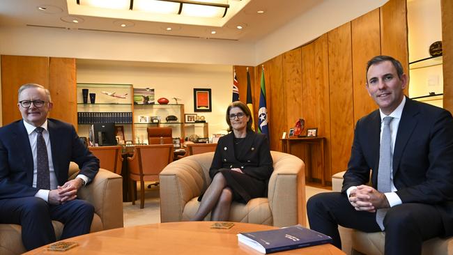 Anthony Albanese, incoming RBA governor Michele Bullock and Treasurer Jim Chalmers. Picture: AAP