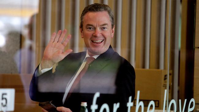 08/03/2016: Minister Christopher Pyne checks his phone at 100 King William st after a cabinet meeting in Adelaide.  Kelly Barnes/TheAustralian.