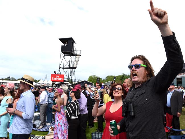 Stuart Lee celebrates a win on Race one at the 2014 Melbourne Cup. Picture: Jason Sammon