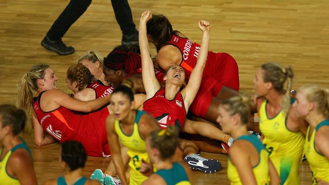 The Diamonds struggle to take in the result as the English team celebrates.