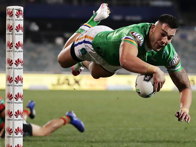 APAC Sports Pictures of the Week - 2020, July 27 - CANBERRA, AUSTRALIA - JULY 25: Nick Cotric of the Raiders scores a try during the round 11 NRL match between the Canberra Raiders and the South Sydney Rabbitohs at GIO Stadium on July 25, 2020 in Canberra, Australia. (Photo by Mark Metcalfe/Getty Images)