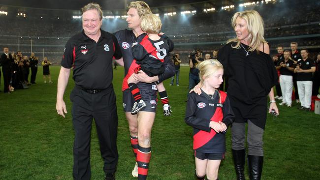 Kevin Sheedy with James Hird after their last matches in Melbourne.