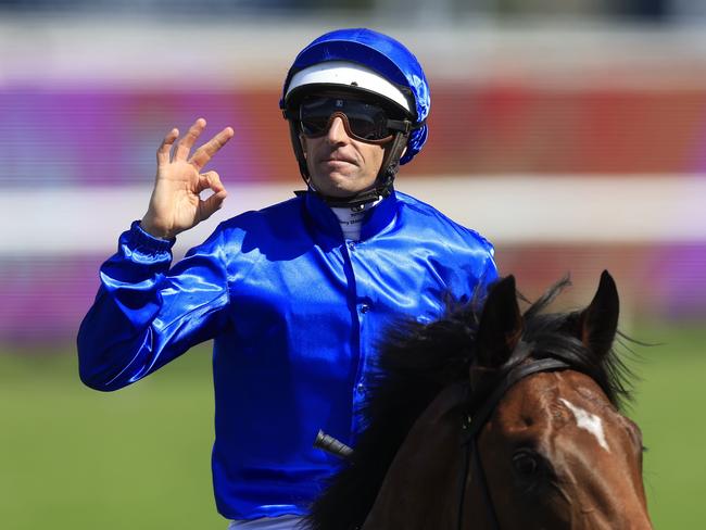 SYDNEY, AUSTRALIA - NOVEMBER 05: Hugh Bowman on Barber returns to scale after winning race 6 the Golden Gift during Sydney Racing at Rosehill Gardens on November 05, 2022 in Sydney, Australia. (Photo by Mark Evans/Getty Images)