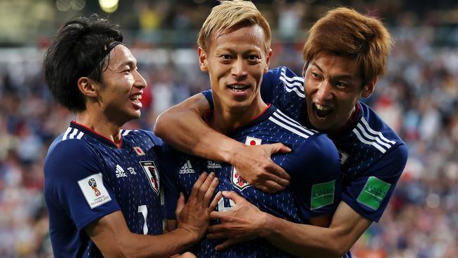 Honda celebrates a goal for Japan during the World Cup in Russia. Picture: Getty