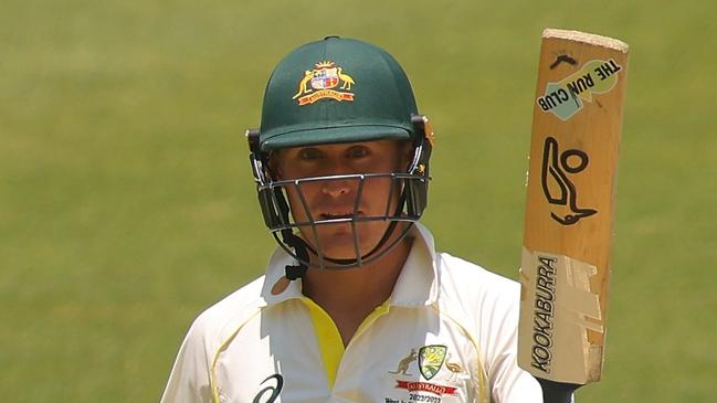 Marnus Labuschagne’s eagle sticker at the bottom of his bat, just under ‘The Run Club’. Picture: James Worsfold/Getty Images