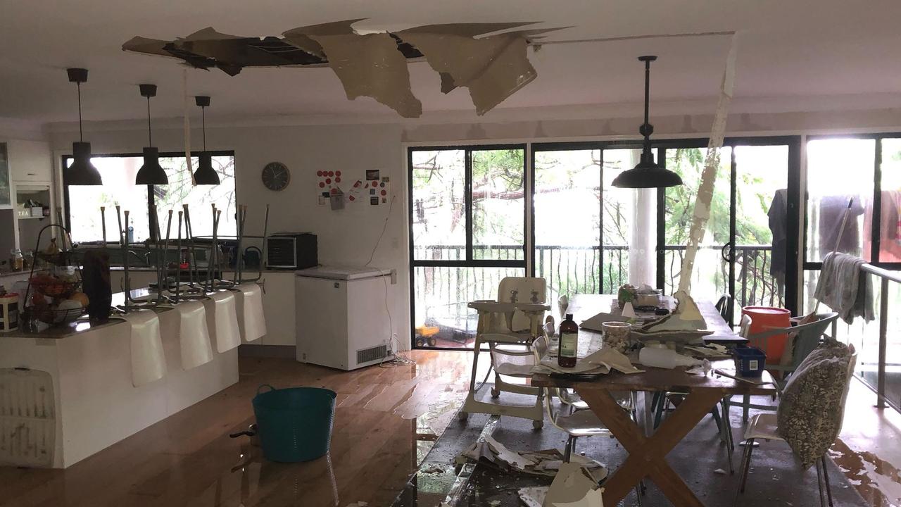 The second floor ceiling above Geri's dining room and kitchen fell apart leaving a pool of water.