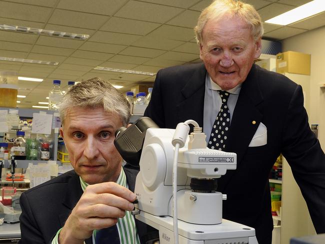 Ron Walker with Prof Grant McArthur at the Peter MacCallum Cancer Centre, East Melbourne.