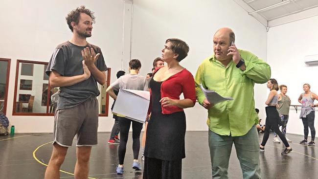 Grandison rehearsing opposite David James (right) and Jacob Warner (left).