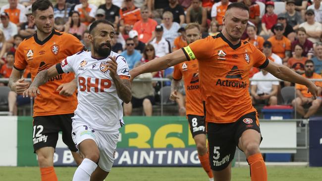 Hyundai A League at Dolphin Stadium, Redcliffe, Round 20. Brisbane Roar FC vs Perth Glory. Score: 1:1. Both captains, Brisbane Roar Tom Aldred and Perth Glory Diego Castro.