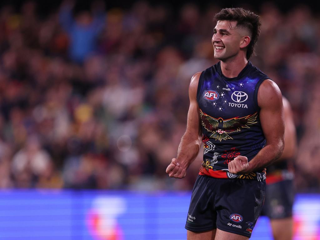 ADELAIDE, AUSTRALIA – MAY 26: Josh Rachele of the Crows celebrates a goal during the 2024 AFL Round 11 match between Kuwarna (Adelaide Crows) and Waalitj Marawar (West Coast Eagles) at Adelaide Oval on May 26, 2024 in Adelaide, Australia. (Photo by James Elsby/AFL Photos via Getty Images)