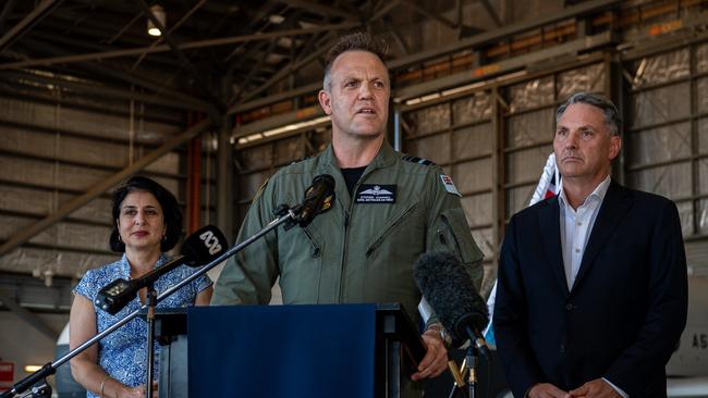 Northrop Grumman Australia chief executive Christine Zeitz, Chief of Airforce Stephen Chappell and Defence Minister Richard Marles introduce the MQ 4C Triton at RAAF Base Tindal. Picture: Pema Tamang Pakhrin