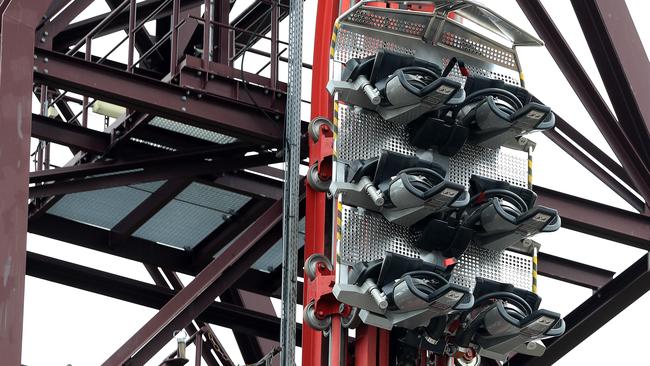 Dramworld staff give the Buzz Saw ride a test run as Dreamworld CEO Craig Davidson speaks to the media about the future of the park. Pics Adam Head