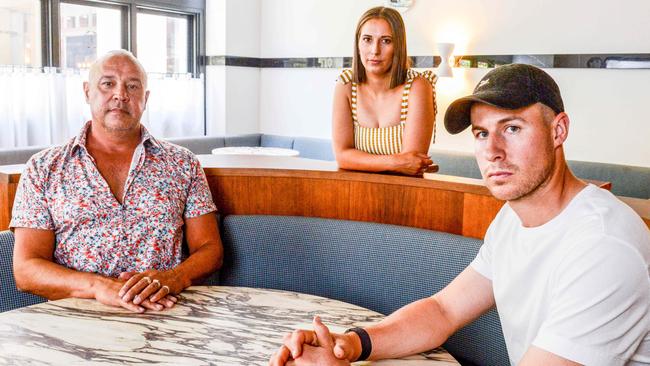 Restauranteur Simon Kardachi, left, with Laura Sharrad and Max Sharrad at Fugazzi restaurant in Leigh St which has closed due to crippling Covid regulations. Picture: Brenton Edwards