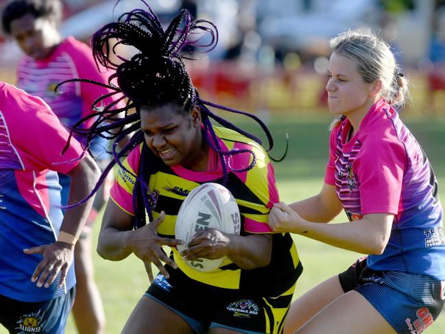 RLTD Women's: Lions against Tigers at Western Lions Park. Tigers Gagie Mackie Namok and Lions Ashlee Durighello. Picture: Evan Morgan