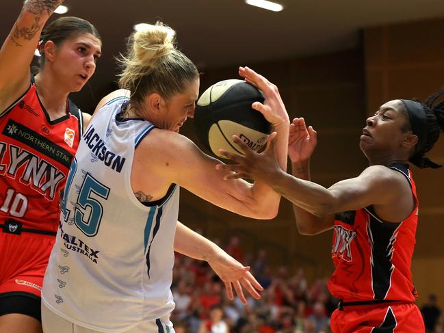 PERTH, AUSTRALIA - MARCH 14: Lauren Jackson of the Flyers rebounds during game two of the WNBL Grand Final series between Perth Lynx and Southside Flyers at Bendat Basketball Stadium, on March 14, 2024, in Perth, Australia. (Photo by Paul Kane/Getty Images)