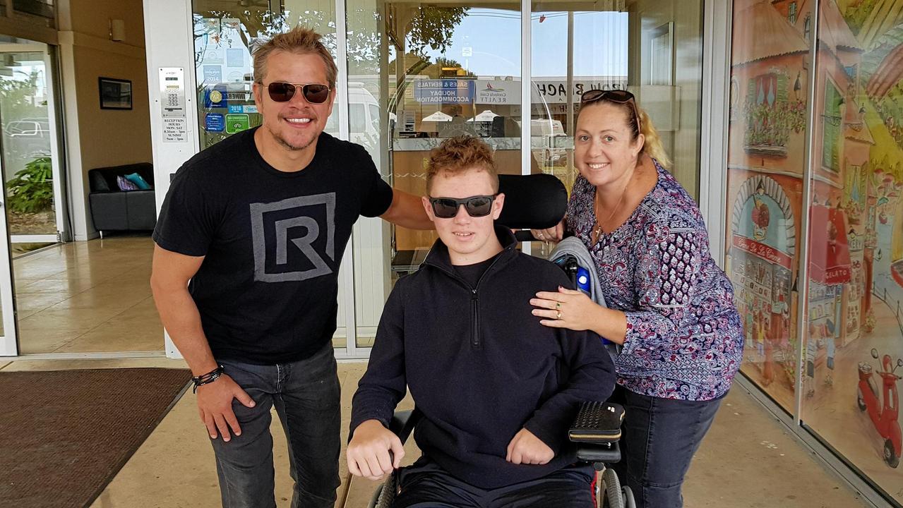 Mega-movie star Matt Damon met Tristan and his mother Carolyn Elder during his visit to Rainbow Beach.