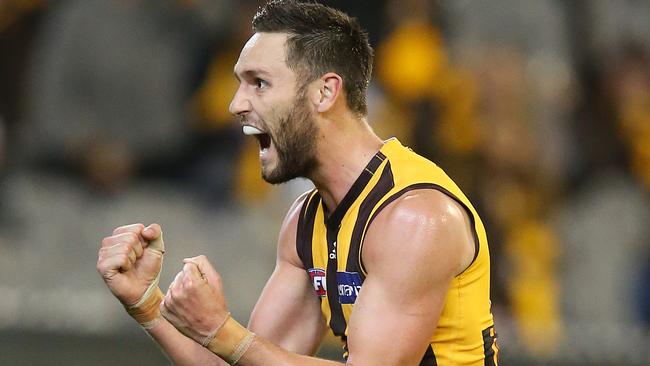 Jack Gunston celebrates a goal for Hawthorn. Picture: Michael Klein