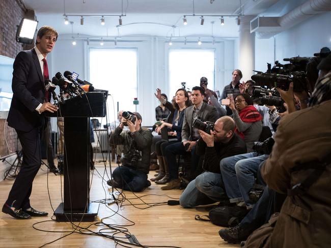 Milo Yiannopoulos was uncharacteristically subdued during the press conference. Picture: Drew Angerer