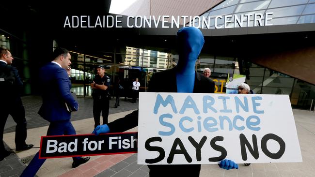 Protesters opposing oil exploration in the Great Australian Bight at the Australian Petroleum Production and Exploration Association conference in Adelaide in May.