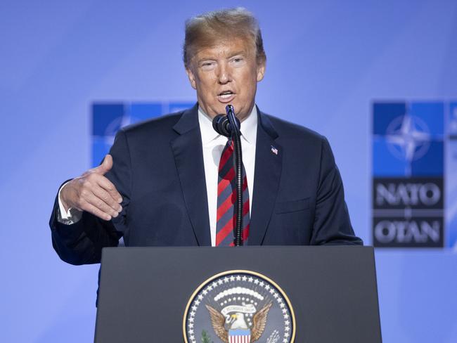 BRUSSELS, BELGIUM - JULY 12: U.S. President Donald Trump gestures during a news conference at the 2018 NATO Summit at NATO headquarters on July 12, 2018 in Brussels, Belgium. Leaders from NATO member and partner states are meeting for a two-day summit, which is being overshadowed by strong demands by U.S. President Trump for most NATO member countries to spend more on defense. (Photo by Jasper Juinen/Getty Images)