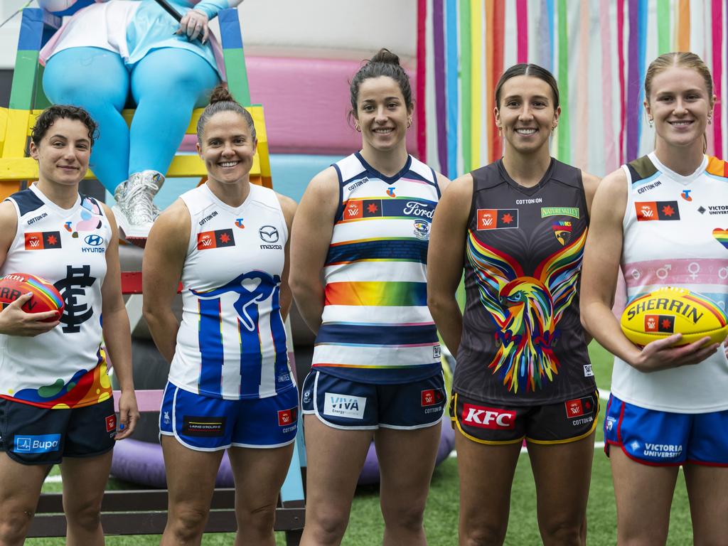 A number of players show off the Pride Round guernseys. Picture: Getty Images