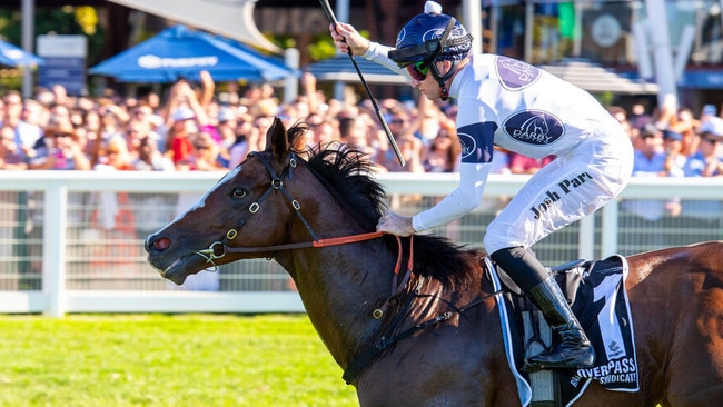 Josh Parr celebrates crossing the line in The Quokka Picture: Western Racepix.