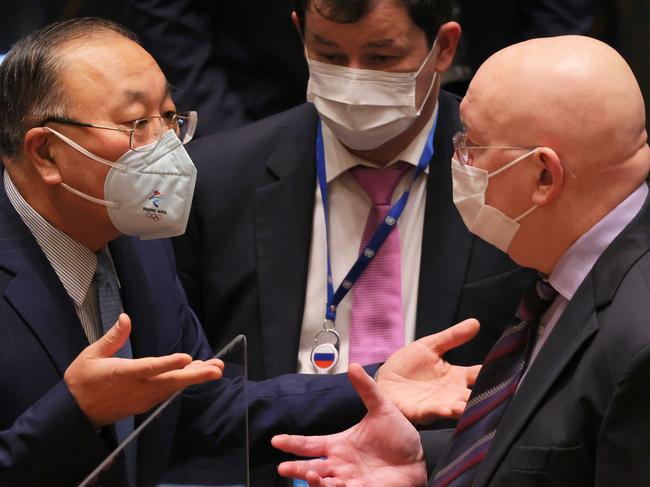 China’s UN ambassador, Zhang Jun, and Russian envoy Vassily Nebenzia at the UN headquarters in March. Picture: AFP