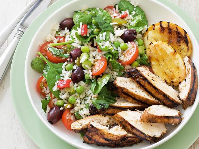 Grilled balsamic chicken with rice salad.